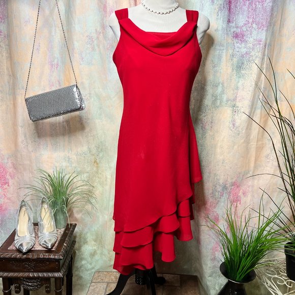 📌Karen Stevens Semi Formal Asymmetrical Chiffon Dress with Waterfall Neckline - Picture 3 of 15